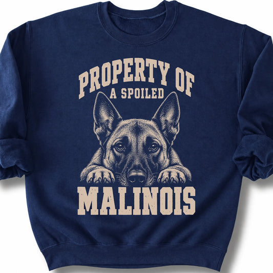 Navy Belgian Malinois sweatshirt with a dog portrait and “Property of a Spoiled” lettering.