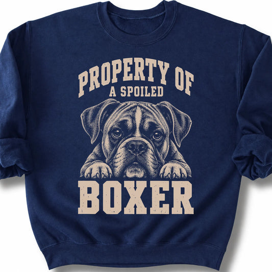 Navy Boxer sweatshirt with a dog portrait and “Property of a Spoiled” lettering.