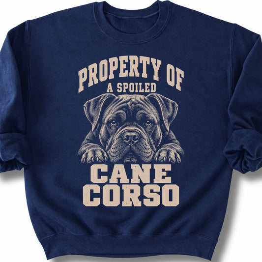 Navy Cane Corso sweatshirt with a dog portrait and “Property of a Spoiled” lettering.