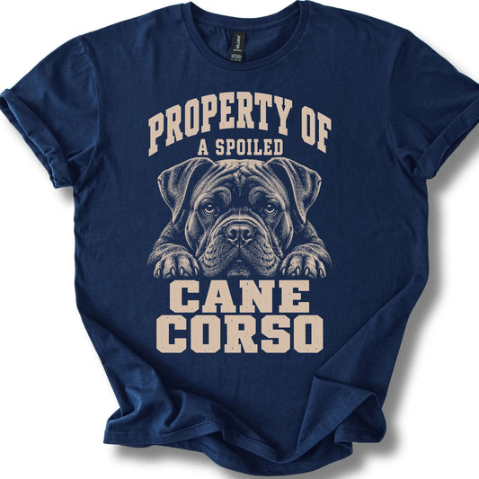 Navy Cane Corso T-shirt with a dog portrait and “Property of a Spoiled” lettering.