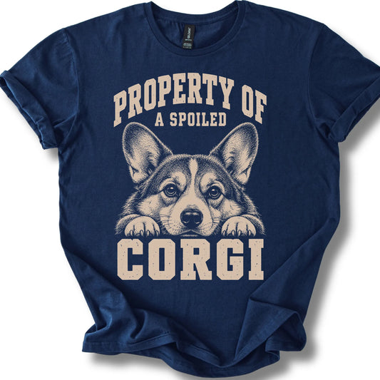 Navy Corgi T-shirt with a dog portrait and “Property of a Spoiled” lettering.