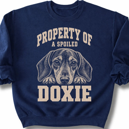 Navy Dachshund sweatshirt with a dog portrait and “Property of a Spoiled” lettering.