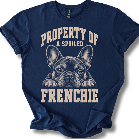 Navy French Bulldog T-shirt with a dog portrait and “Property of a Spoiled” lettering.