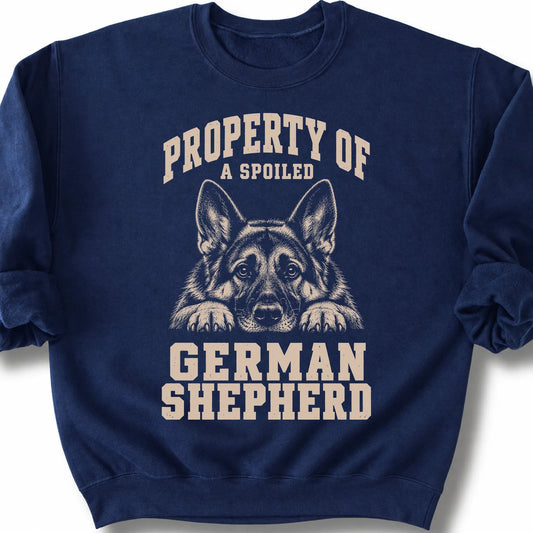 Navy German Shepherd sweatshirt with a dog portrait and “Property of a Spoiled” lettering.