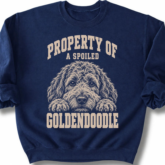 Navy Goldendoodle sweatshirt with a dog portrait and “Property of a Spoiled” lettering.