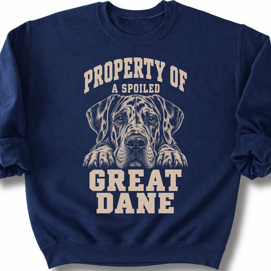 Navy Great Dane sweatshirt with a dog portrait and “Property of a Spoiled” lettering.
