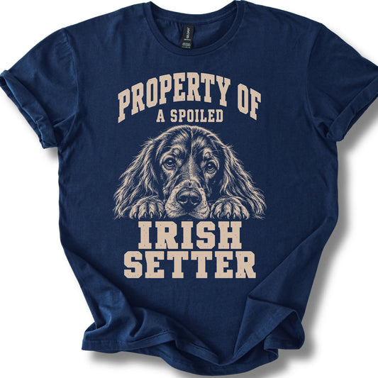 Navy Irish Setter T-shirt with a dog portrait and “Property of a Spoiled” lettering.