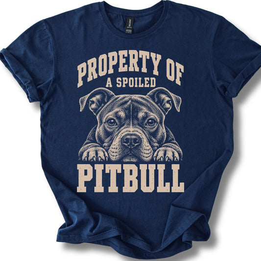 Navy Pitbull T-shirt with a dog portrait and “Property of a Spoiled” lettering.