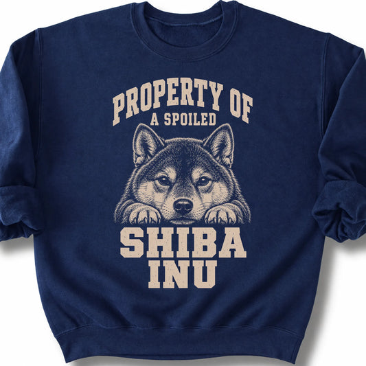 Navy Shiba Inu sweatshirt with a dog portrait and “Property of a Spoiled” lettering.