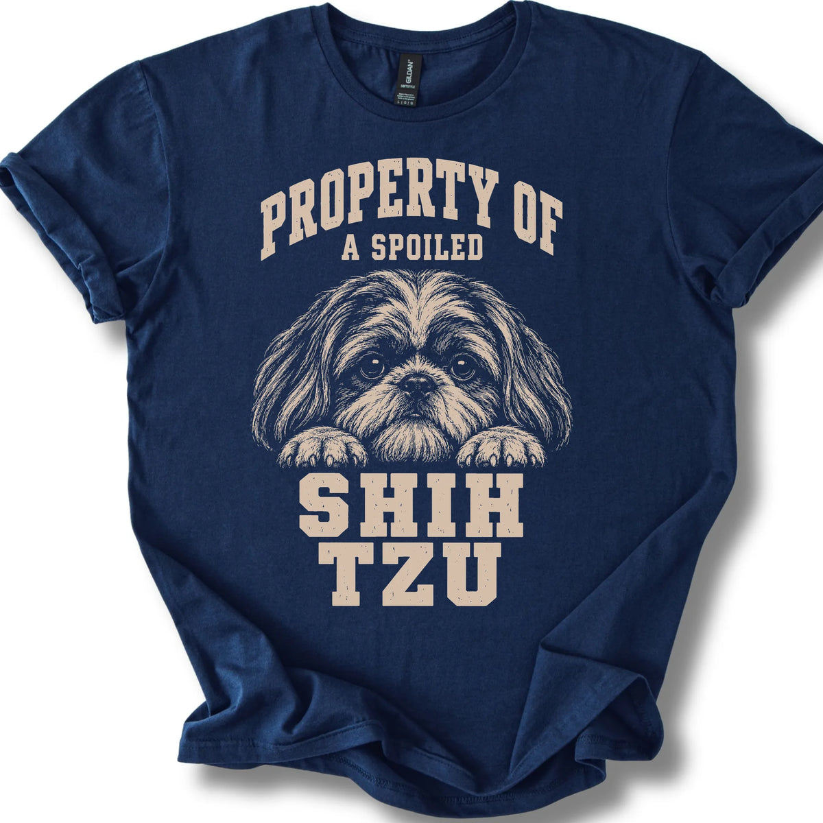 Navy Shih Tzu T-shirt with a dog portrait and “Property of a Spoiled” lettering.
