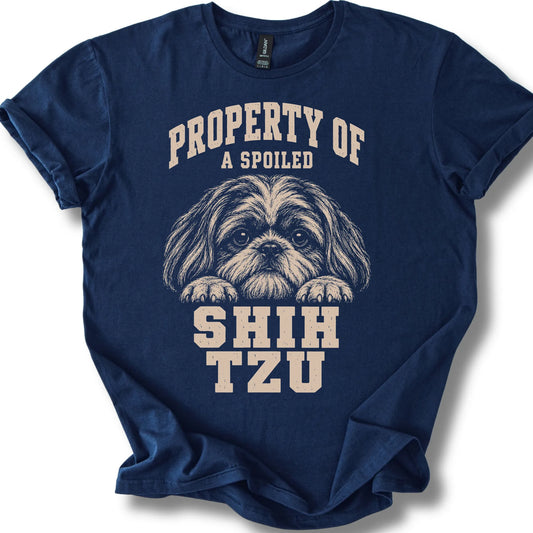 Navy Shih Tzu T-shirt with a dog portrait and “Property of a Spoiled” lettering.
