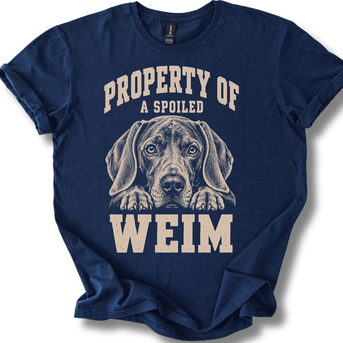 Navy Weimaraner T-shirt with a dog portrait and “Property of a Spoiled” lettering.