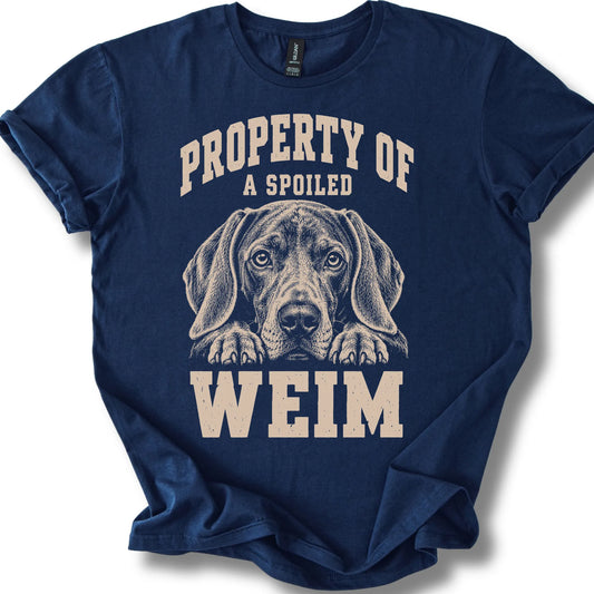 Navy Weimaraner T-shirt with a dog portrait and “Property of a Spoiled” lettering.