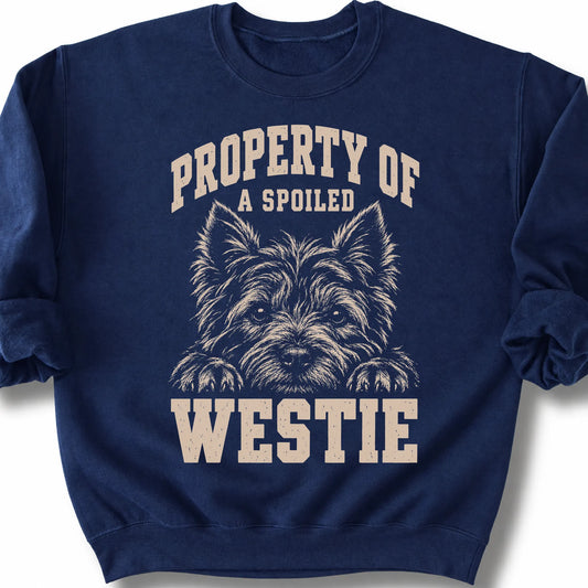 Navy Westie sweatshirt with a dog portrait and “Property of a Spoiled” lettering.