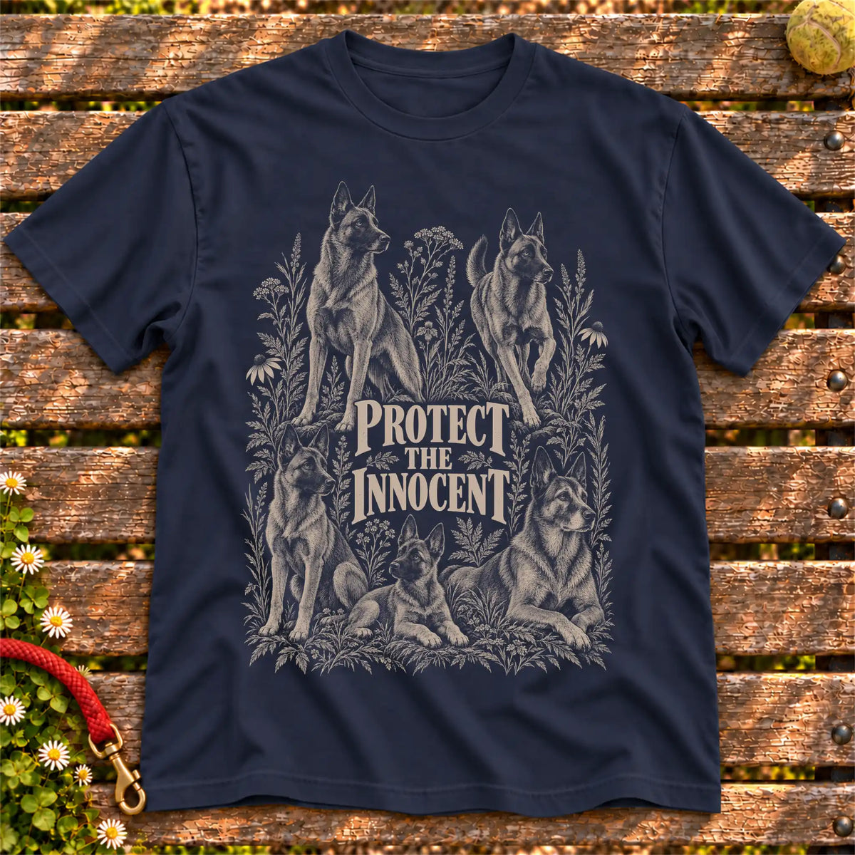 Protect the Innocent Belgian Malinois design on a Navy T-shirt