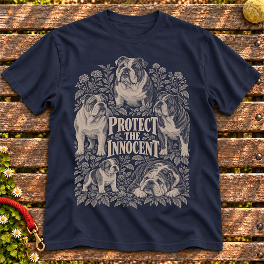 Protect the Innocent Bulldog design on a Navy T-shirt