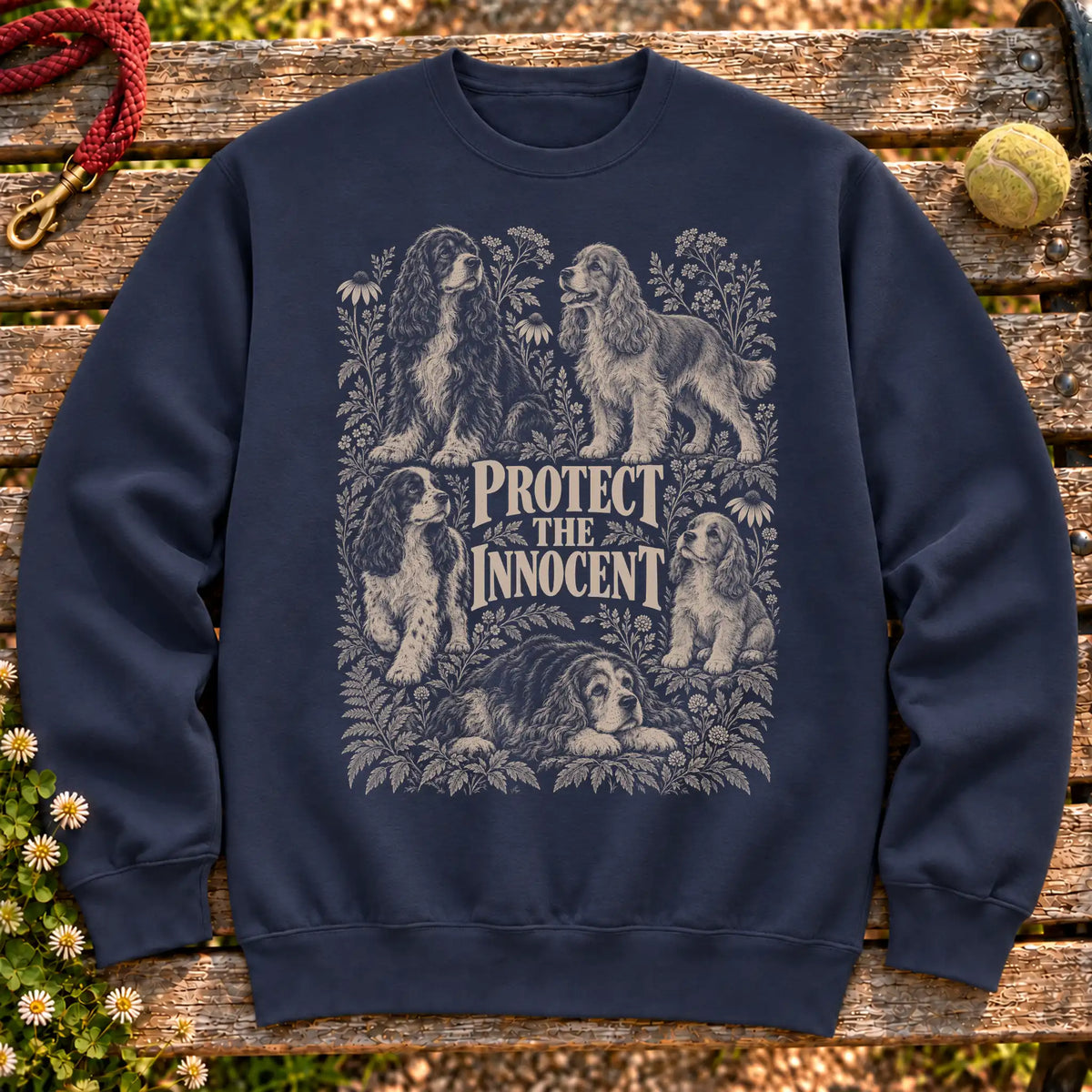 Protect the Innocent Cocker Spaniel design on a Navy sweatshirt