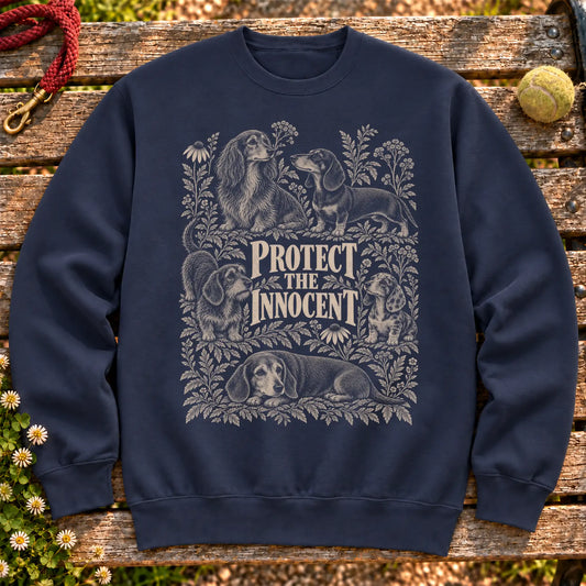Protect the Innocent Dachshund design on a Navy sweatshirt