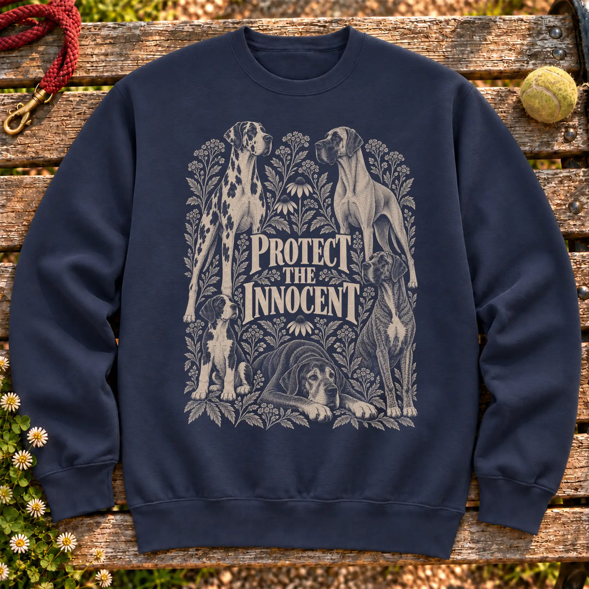 Protect the Innocent Great Dane design on a Navy sweatshirt