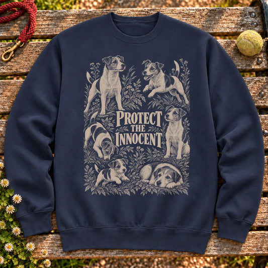 Protect the Innocent Jack Russell design on a Navy sweatshirt