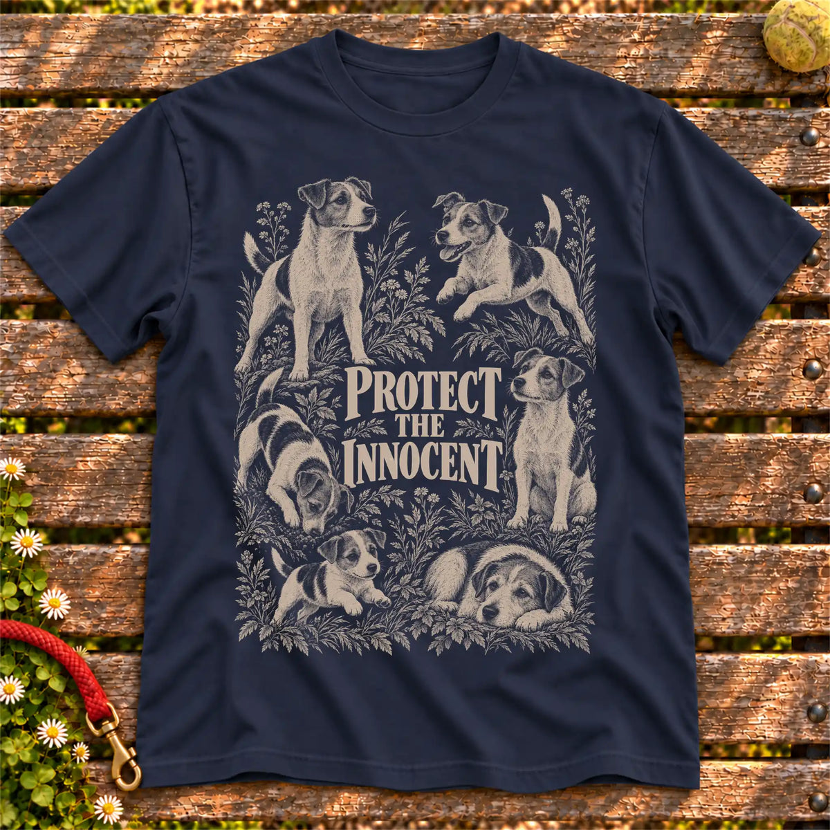 Protect the Innocent Jack Russell design on a Navy T-shirt
