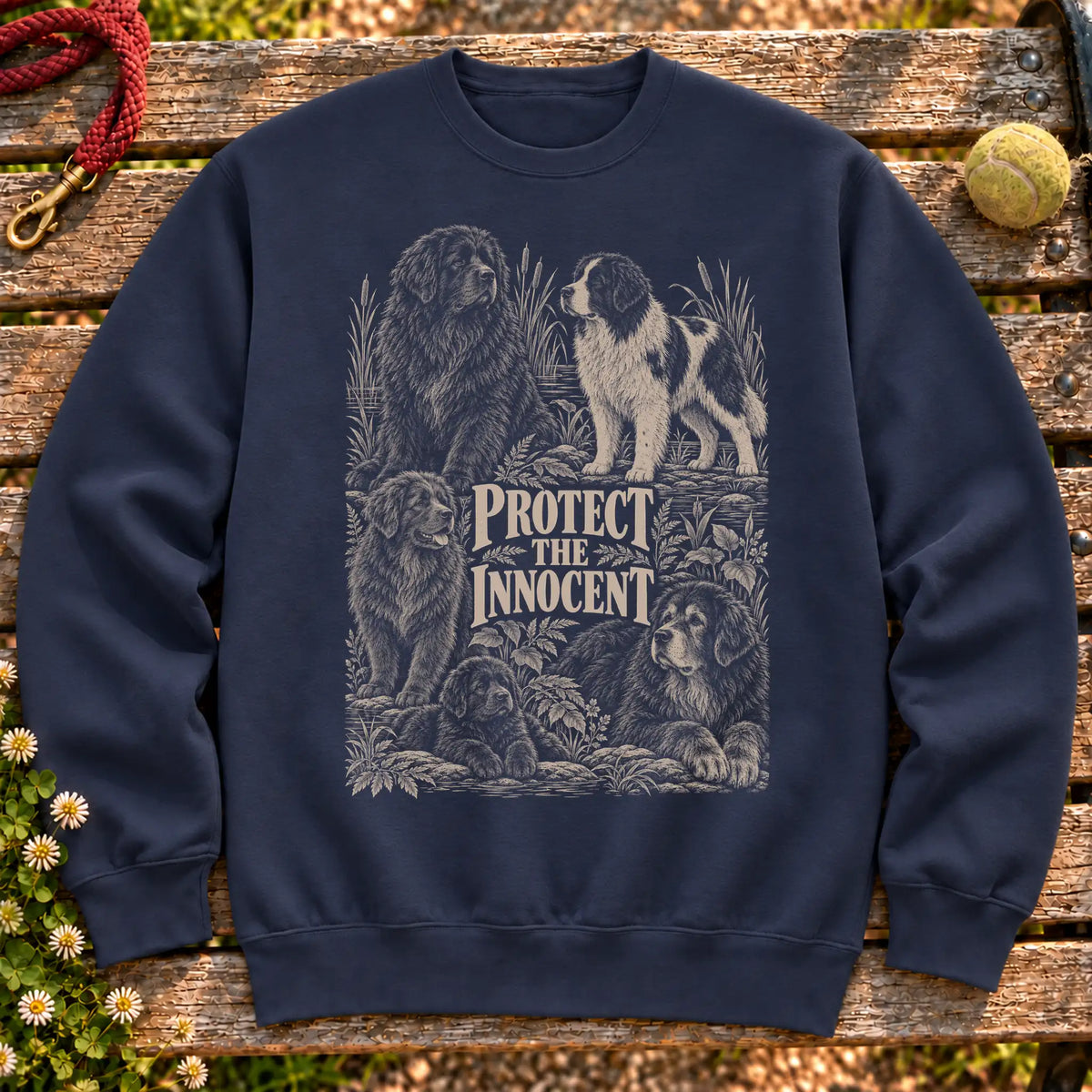 Protect the Innocent Newfie design on a Navy sweatshirt