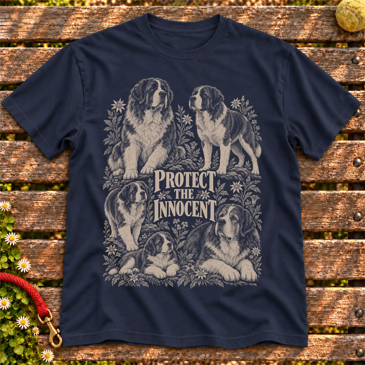 Protect the Innocent Saint Bernard design on a Navy T-shirt