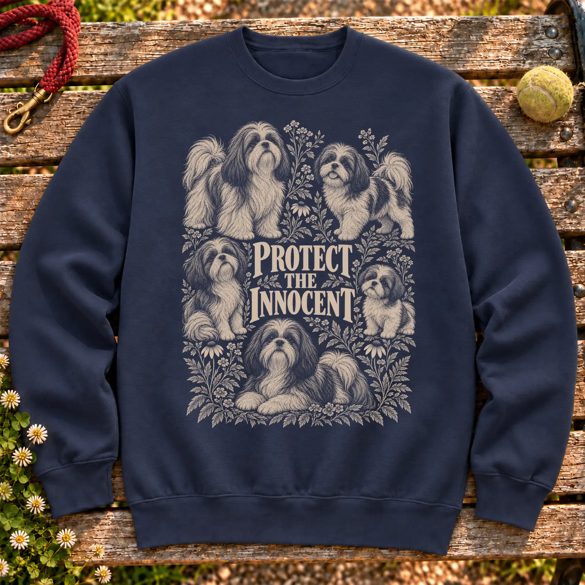Protect the Innocent Shih Tzu design on a Navy sweatshirt