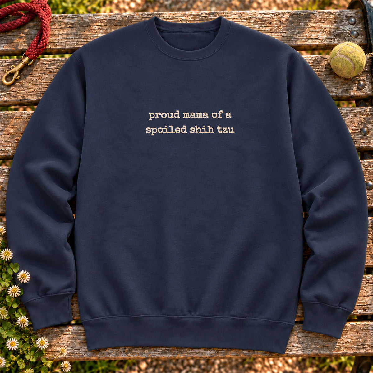 Proud Shih Tzu Mama design on a Navy crewneck sweatshirt, shown flat