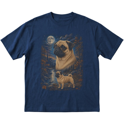 navy T-shirt with Pug Autumn Moon artwork.