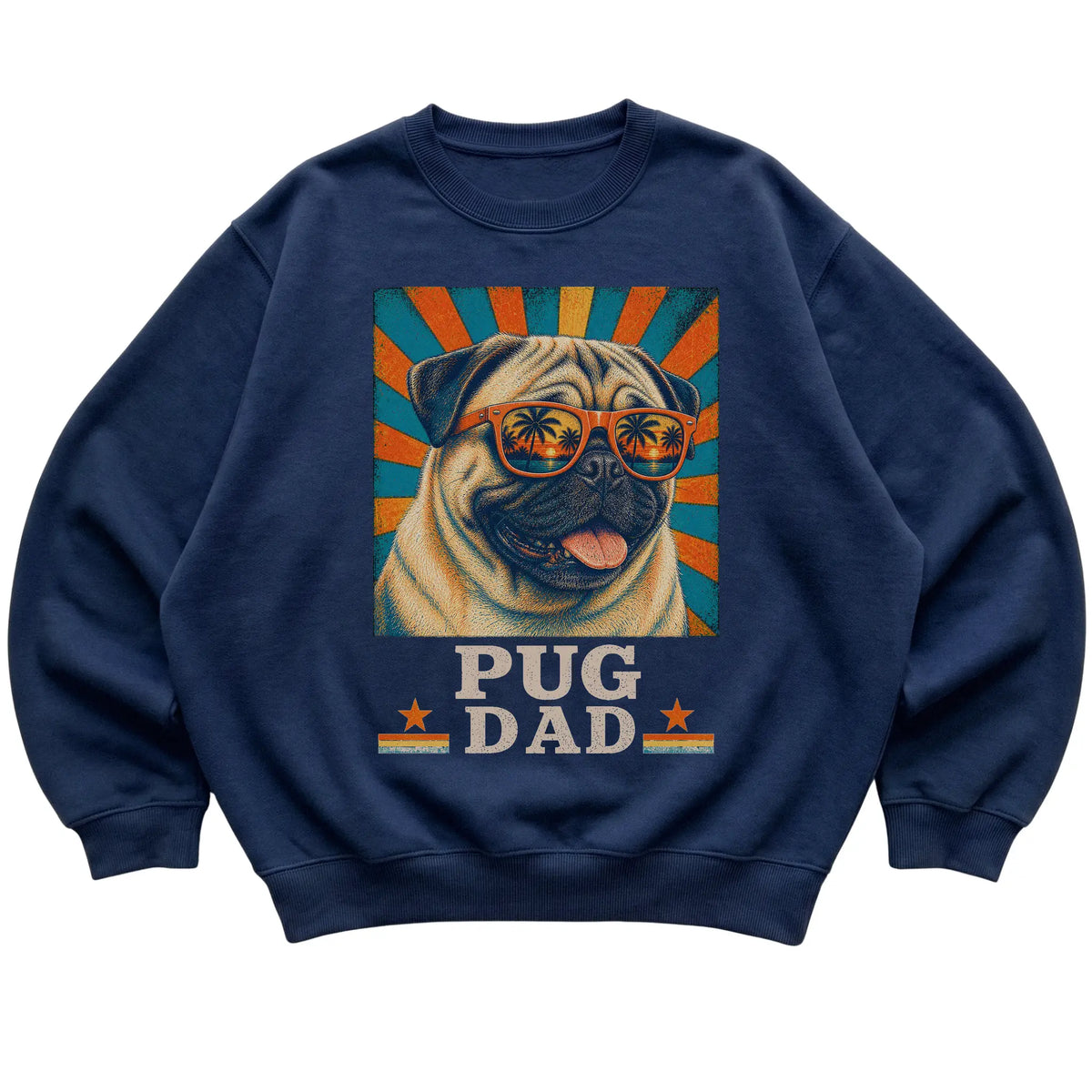 Retro Pug Dad design on a Navy crewneck sweatshirt