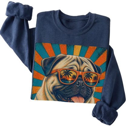 Folded Navy crewneck sweatshirt with a Retro Pug Dad design