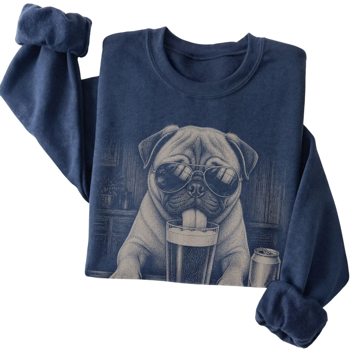 Navy Pug drinking from a pint at a bar, folded detail view