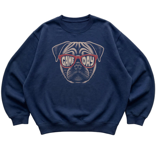 Navy Pug Game Day Sunglasses sweatshirt, laid flat