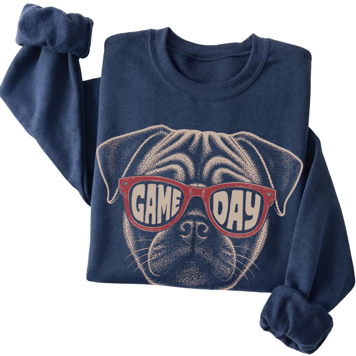 Navy Pug Game Day Sunglasses sweatshirt, folded