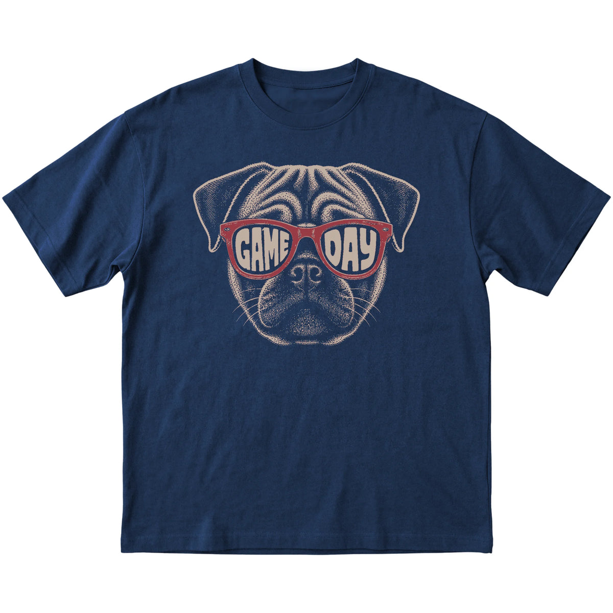 Navy Pug Game Day Sunglasses T-shirt, laid flat