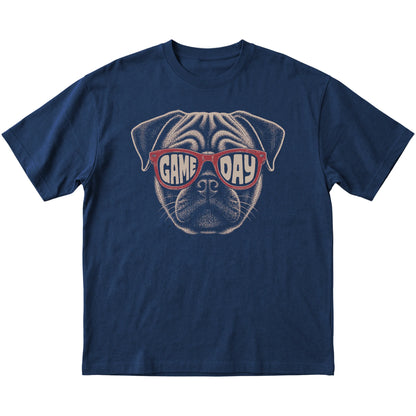 Navy Pug Game Day Sunglasses T-shirt, laid flat