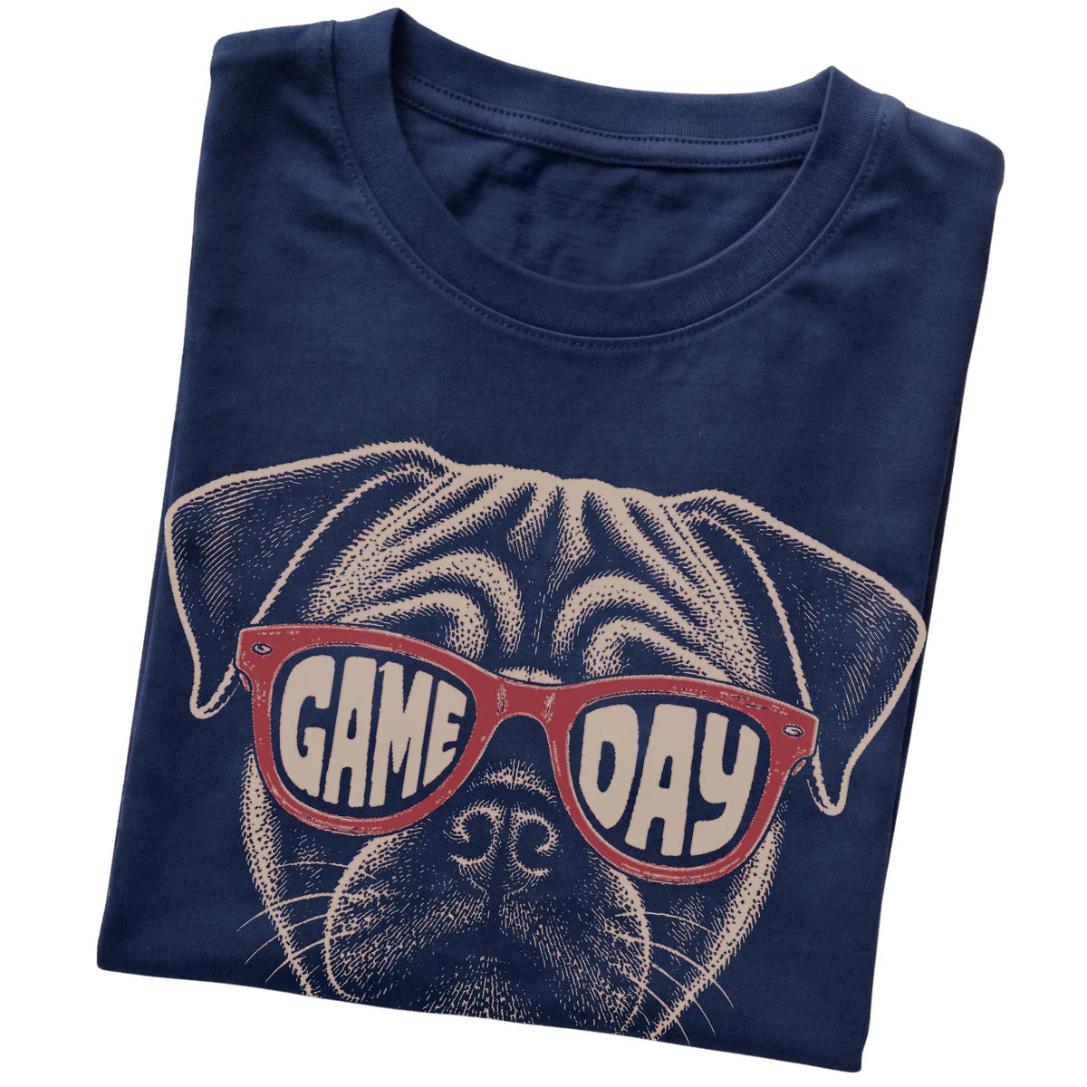 Navy Pug Game Day Sunglasses T-shirt, folded