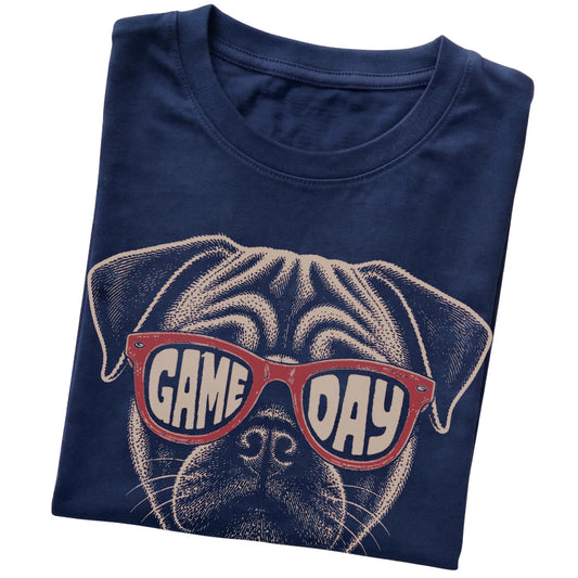 Navy Pug Game Day Sunglasses T-shirt, folded