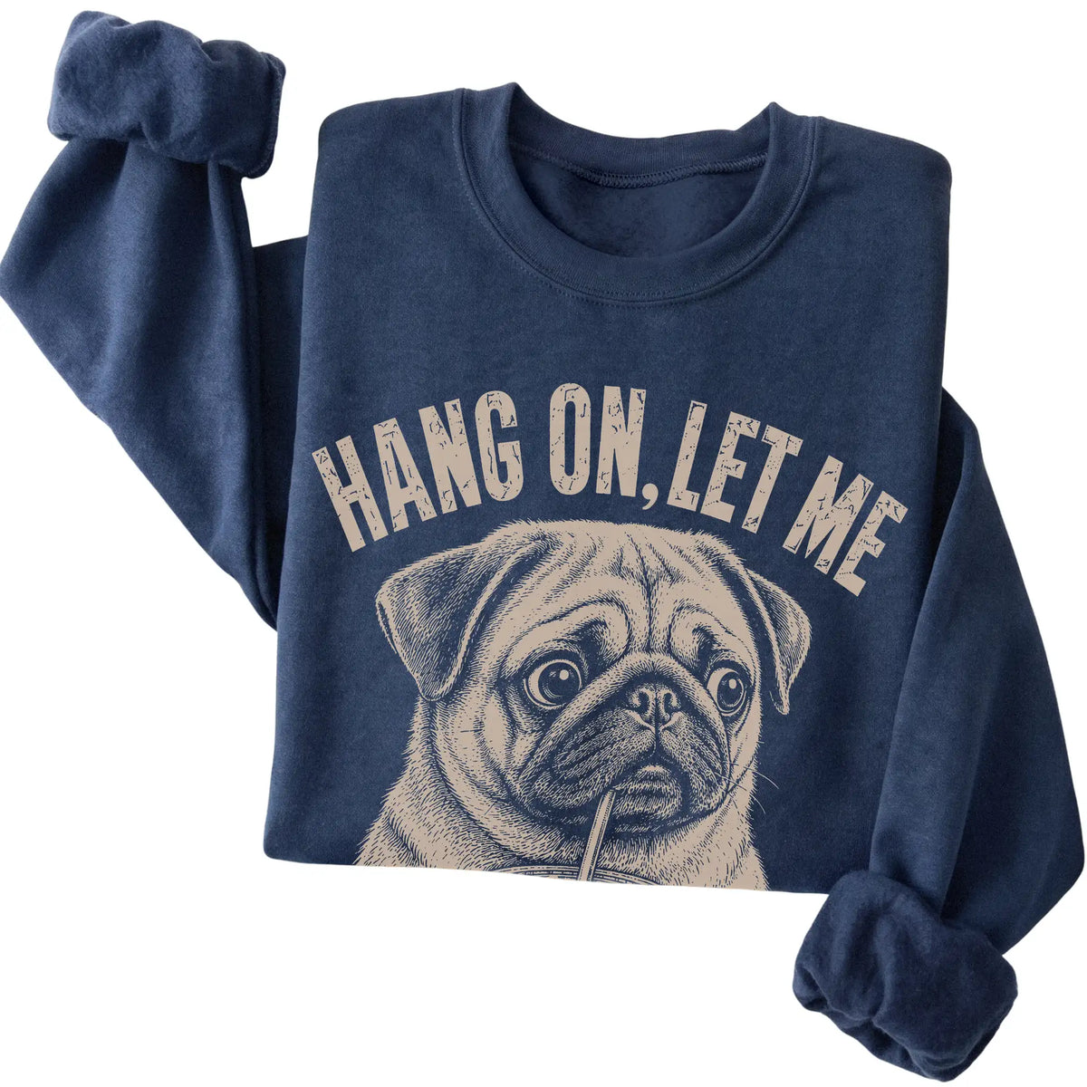 Navy crewneck sweatshirt featuring Overthinking Pug, folded presentation