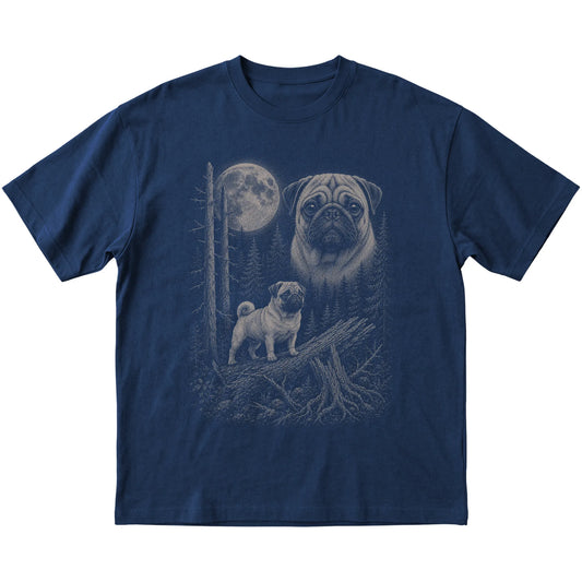 Pug Moonlit Forest graphic on a navy Softstyle T-shirt laid flat