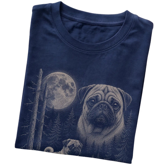 Folded navy Softstyle T-shirt showing the Pug Moonlit Forest graphic