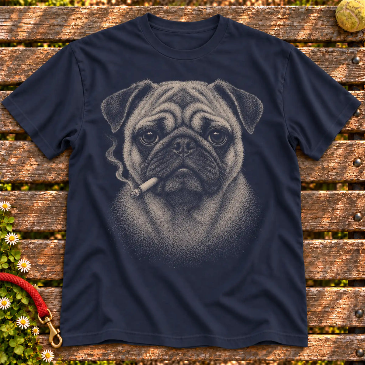 Pug smoking design on a Navy t-shirt