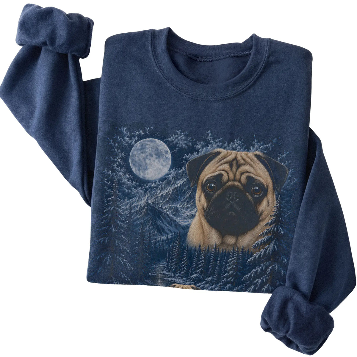 Folded navy sweatshirt with Pug Winter Moon artwork.