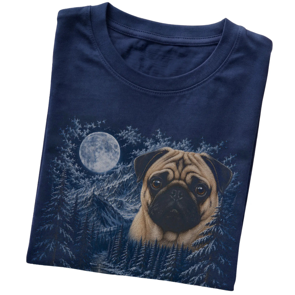 Folded navy T-shirt with Pug Winter Moon artwork.