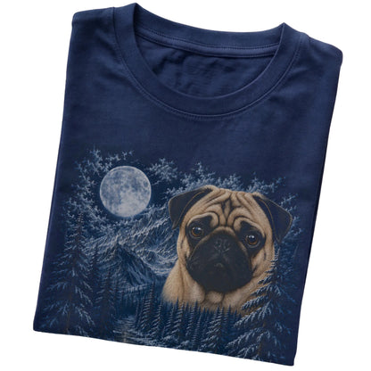 Folded navy T-shirt with Pug Winter Moon artwork.