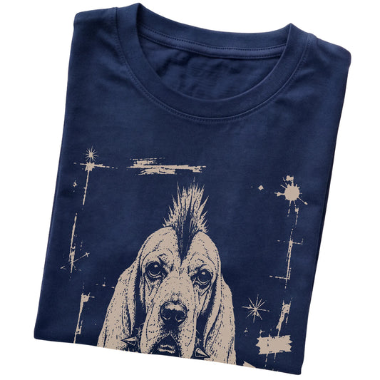 Navy Punk Rock Basset Hound T-shirt, folded view