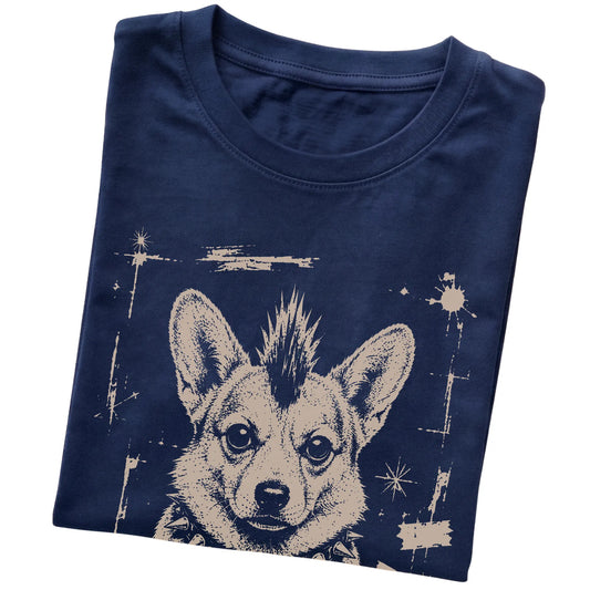 Navy Punk Rock Corgi T-shirt, folded view