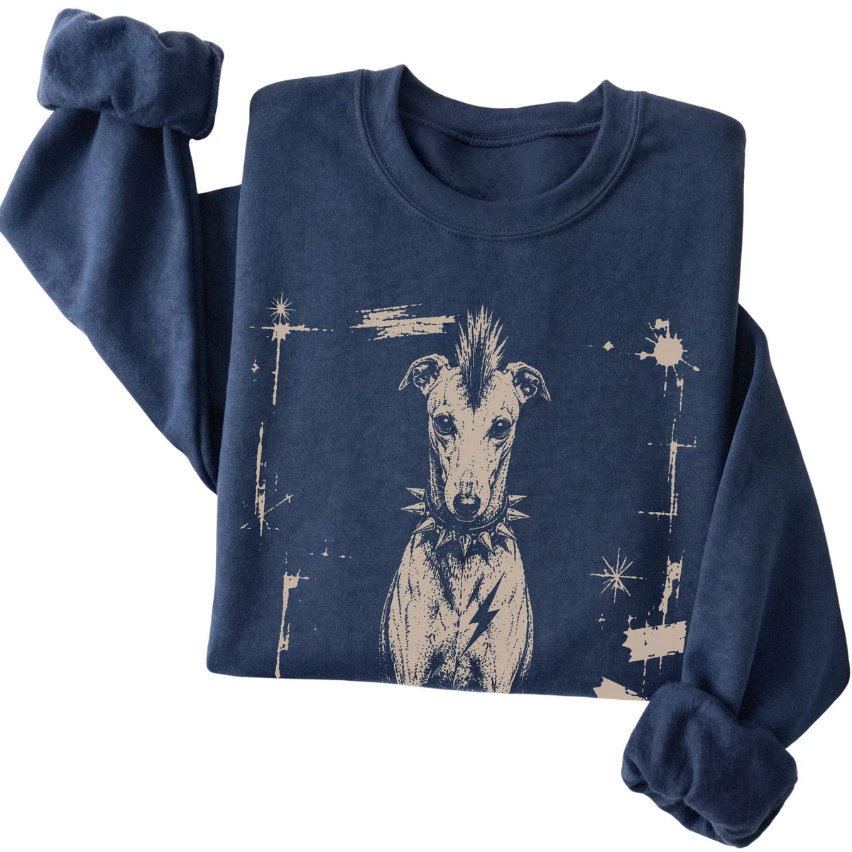 Navy Punk Rock Greyhound sweatshirt, folded view