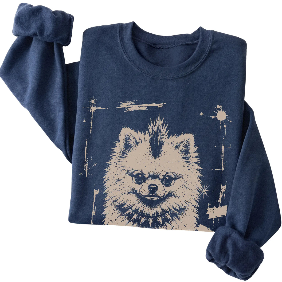 Navy Punk Rock Pomeranian sweatshirt, folded view